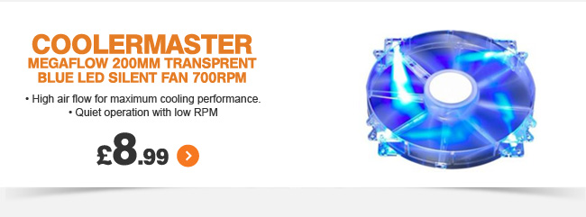 Coolermaster MegaFlow 200mm Transprent Blue LED Silent Fan 700rpm - £8.99