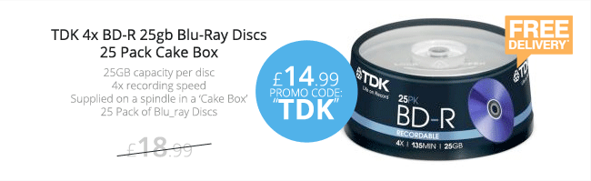 TDK 4x BD-R 25gb Blu-Ray Discs - 25 Pack Cake Box - £14.99 with promo code 'TDK'