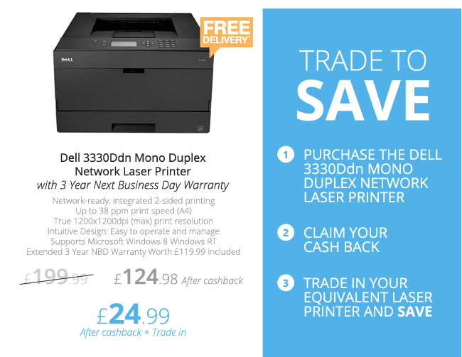Dell 3330Ddn Mono Duplex Network Laser Printer with 3 Year Next Business Day Warranty - £24.99