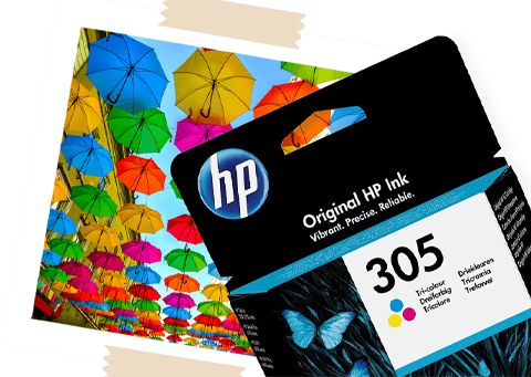 A HP 305 Ink Cartridge, next to a printed photo of multicolour umbrellas